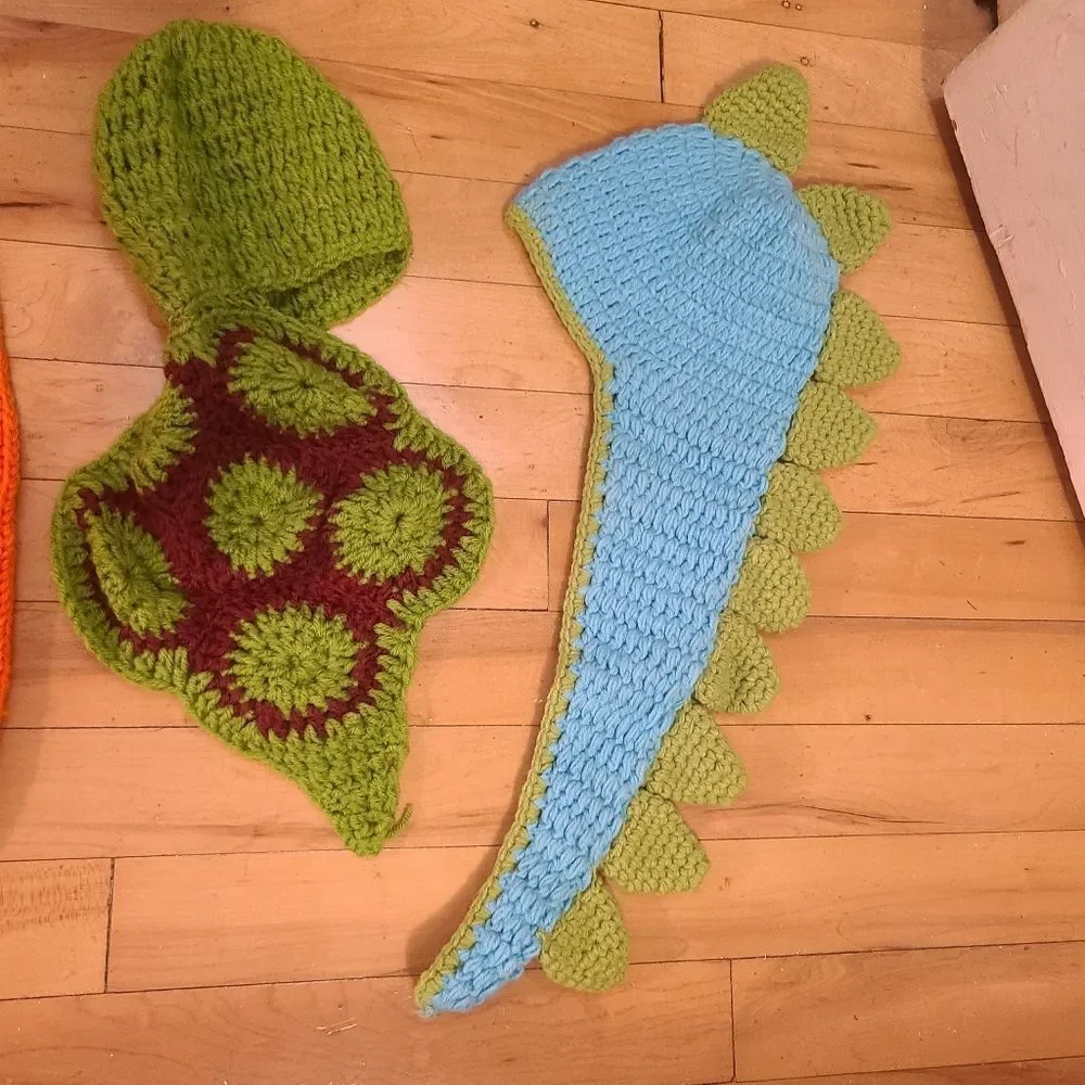 Crochet Newborn Photography Costumes Props Lot of 3 Pumpkin Turtle Dino